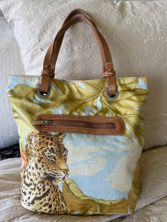 Salvatore Ferragamo Handbags - Salvatore Ferragamo Leopard & Leaf Print Canvas Tote in Blue, Gold and Brown